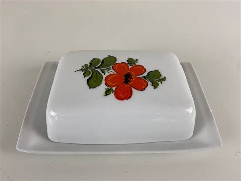 Schumann Arzberg Butter Dish Orange Flower Design Vintage 1960s