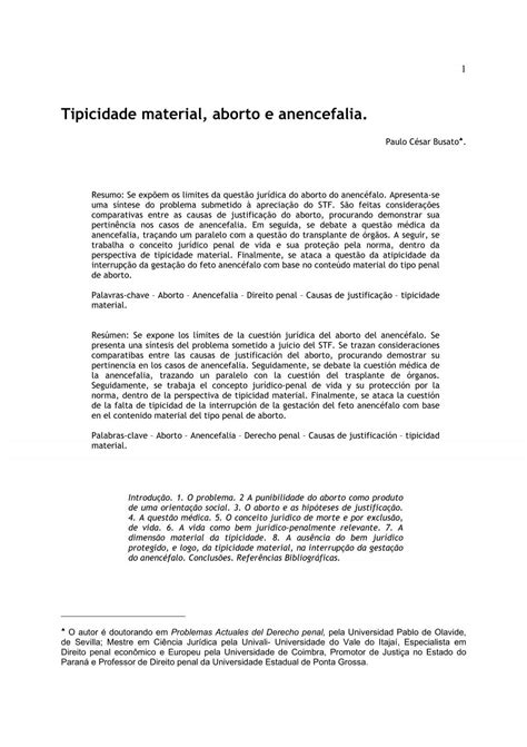 Tipicidade Material Aborto E Anencefalia Revista Justitia