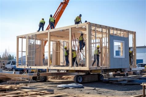 Premium Photo Workers Assembling Prefabricated House Construction