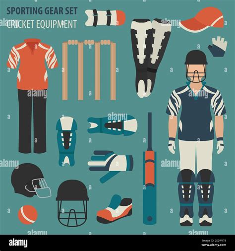 Sporting Gear Set Cricketer Equipment And Accessories Flat Design Icon