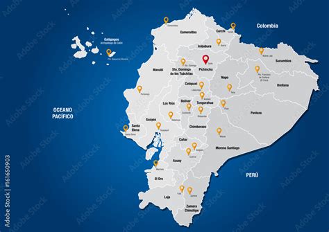 Political map of the Republic of Ecuador with the names of the ...