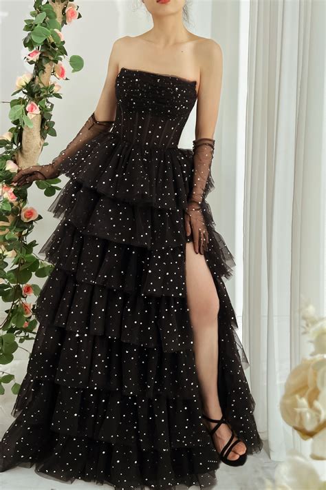 MissJophiel Strapless Corset Tulle Tiered Dress with Slit