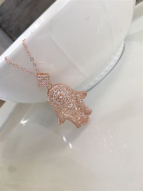 Rose Gold Hamsa Pendant Necklace Large Cz Rose Gold Hamsa Etsy