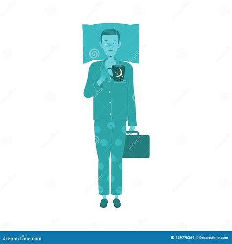Sleeplessness with Man in Pajamas at Office with Coffee Feeling Sleepy