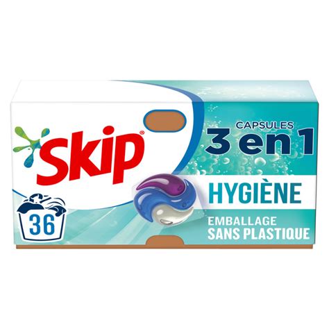 SKIP Lessive Capsules 3 en 1 Hygiène sans emballage plastique 36 Lavages