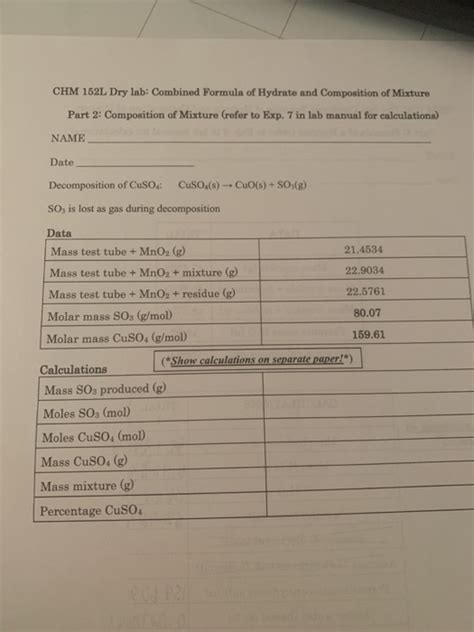 Solved Chm L Dry Lab Combined Formula Of Hydrate And Chegg