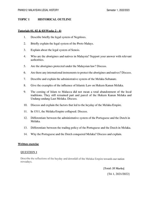 Tuto 1 mlh - PMH0012 MALAYSIAN LEGAL HISTORY Semester 1, 2022/ TOPIC 1
