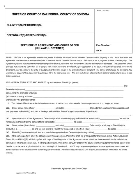 County Of Sonoma California Settlement Agreement And Court Order Unlawful Detainer Fill Out