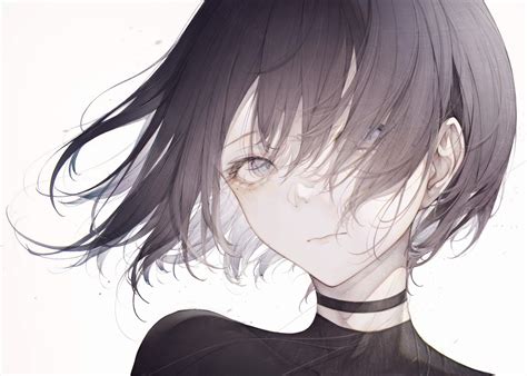 black hair close gray eyes hito komoru original polychromatic short