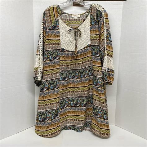 Umgee Dresses Umgee Boho Smock Midi Dress Tunic Crochet On Front