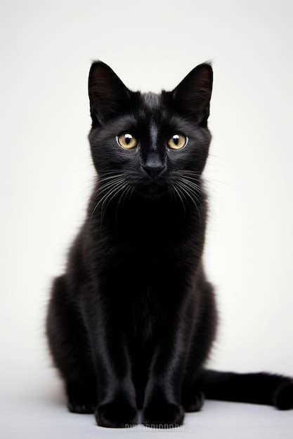 Eine schwarze katze mit gelben augen sitzt auf weißem hintergrund