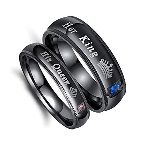 Her King His Queen Ring Black Stainless Steel Wedding Band Men Womens