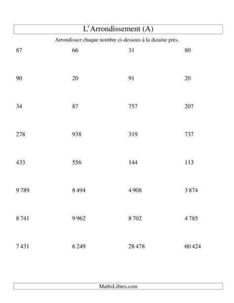 Arrondir un nombre au 10 près version SI A Fiche d Exercices sur le