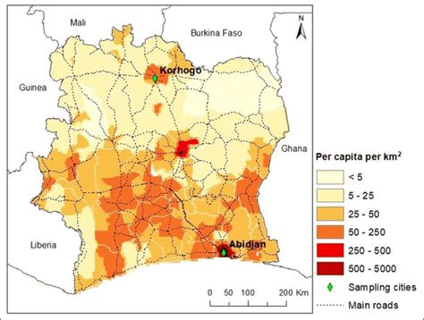 Map Of The Population Density Of Cote D Ivoire The Position Of Two