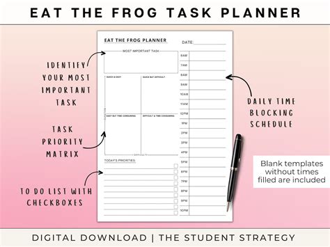 Eat the Frog Daily Task Priority Planner Hourly Time Blocking Schedule ...