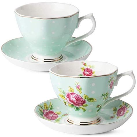 Btat Floral Tea Cups And Saucers Set Of 2 8oz With Gold Trim And