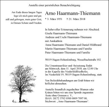 Traueranzeigen Von Arno Haarmann Thiemann Trauer In Nrw De