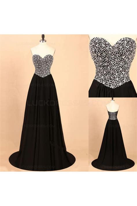 A Line Sweetheart Beaded Long Black Prom Dresses Party Evening Gowns