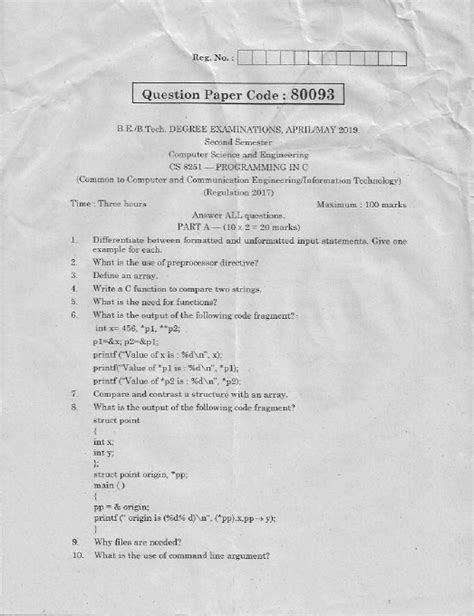 Anna University Cs 8251 Programming In C Aprilmay 2019 Question Paper