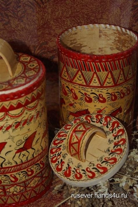 Берестяной туес с мезенской росписью, Посуда, Русский стиль ручной ...