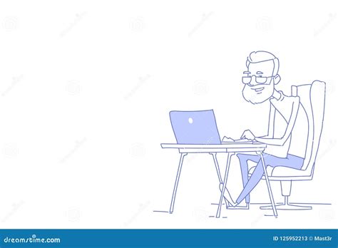 Senior Bearded Man Using Laptop Businessman Sitting Office Workplace