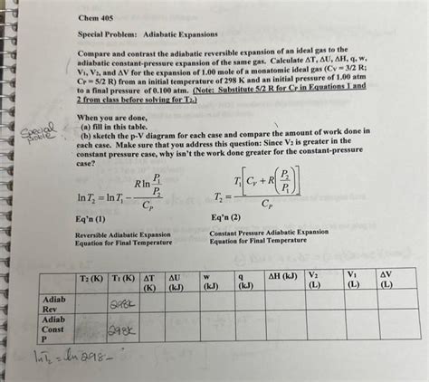 Solved Special Problem Adiabatic Expansions Compare And Chegg