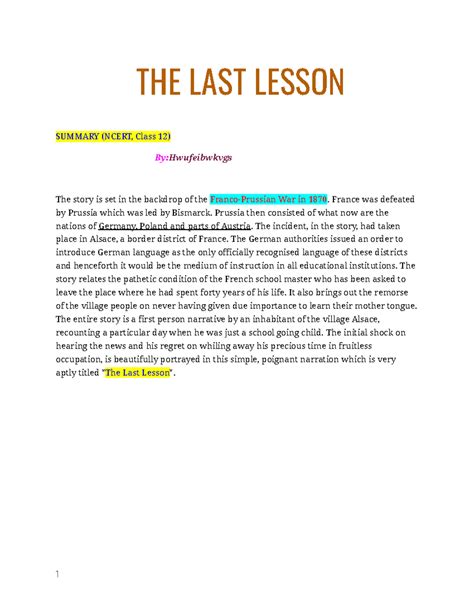 THE LAST Lesson Summary Class 12 THE LAST LESSON SUMMARY NCERT