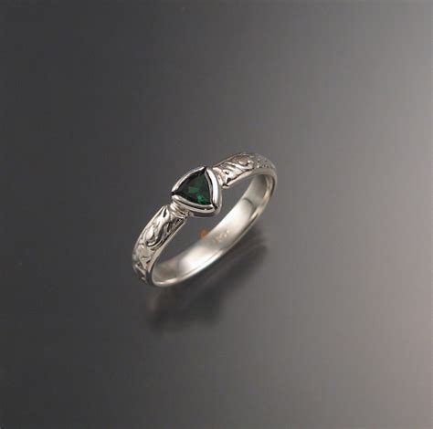 Green Garnet Triangle Wedding Ring 14k White Gold Victorian Bezel Set Tsavorite Garnet Ring Made