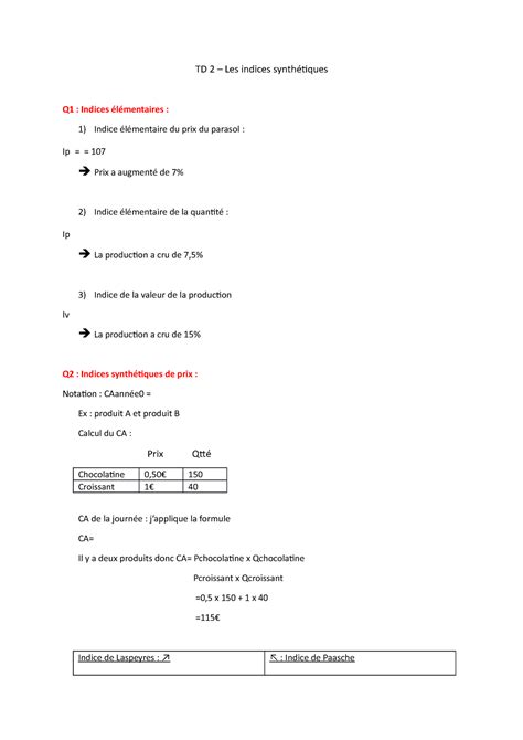 Td Les Indices Synth Tiques Td Les Indices Synth Tiques Q