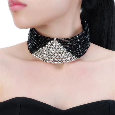 Fashion Jewelry Black Silver Beads Collar Punk Choker Statement Bib