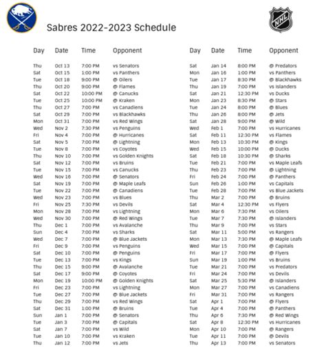 Buffalo Sabres 2022-23 Season Schedule