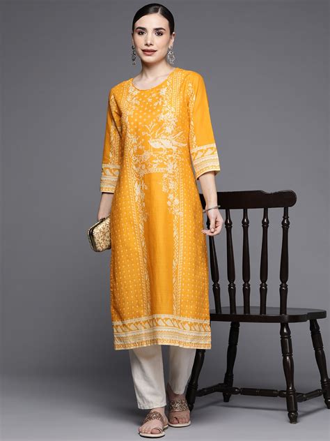 Buy Biba Women Mustard Yellow And White Pure Cotton Ethnic Motifs Printed