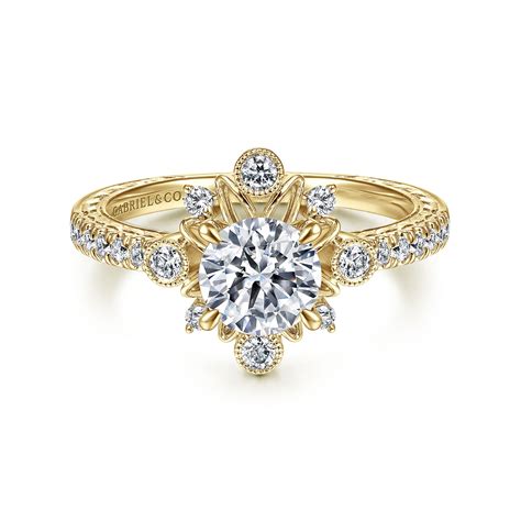 14k Yellow Gold Starburst Halo Round Diamond Engagement Ring