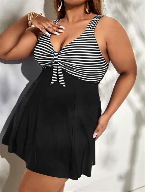 SHEIN Swim Curve Summer Beach Plus Striped Tankini Set Knot Front Swim Dress Bikini Bottom