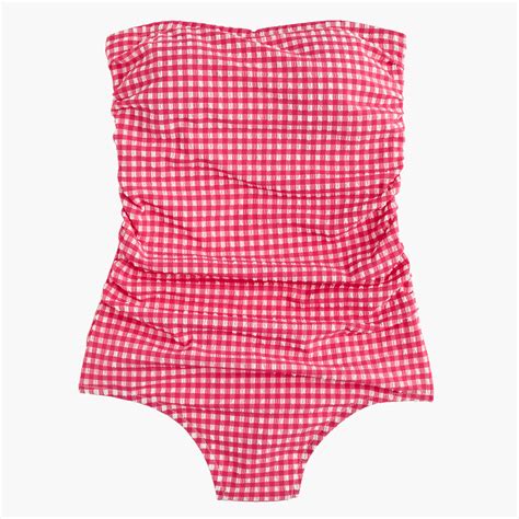 J Crew D Cup Ruched Bandeau One Piece Swimsuit In Gingham Seersucker In