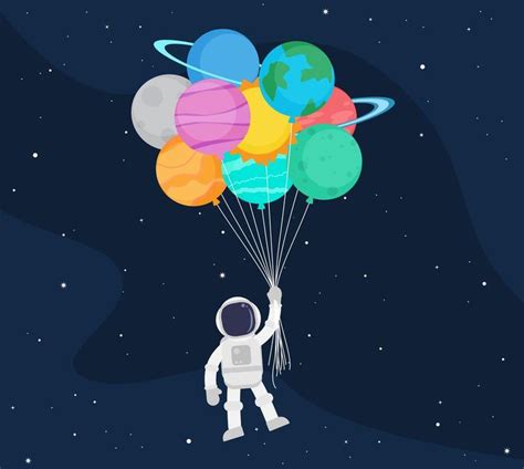 Dibujos Animados De Astronautas Flotando Con Planetas Globo En El