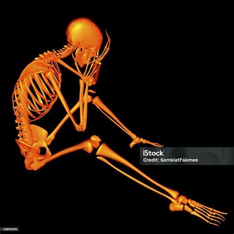 3d Rendered Orange Skeleton Of A Sitting Headache Stock Photo