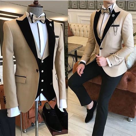 Peaked Lapel Champagne Prom Suit For Men Affordable Three Piece Tuxedo With One Button Blazers