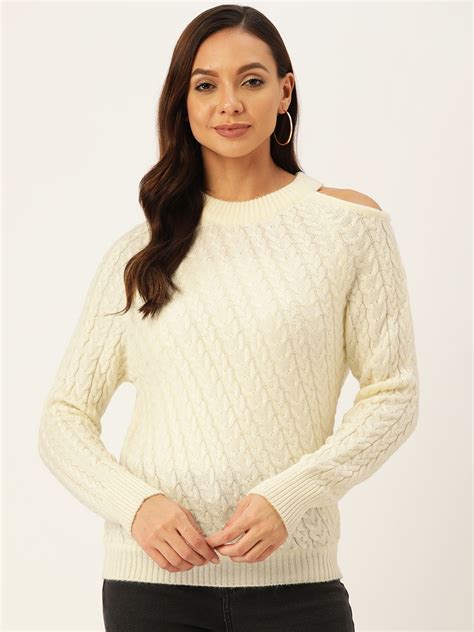 Buy Madame Women Off White Cable Knit Pullover With Cut Out Detail