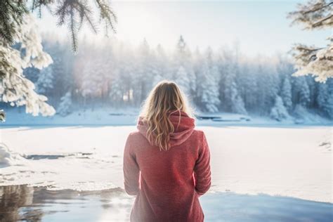 Premium AI Image AI Generated Image Of Mature Woman Swimming On Icy Lake High Quality Photo