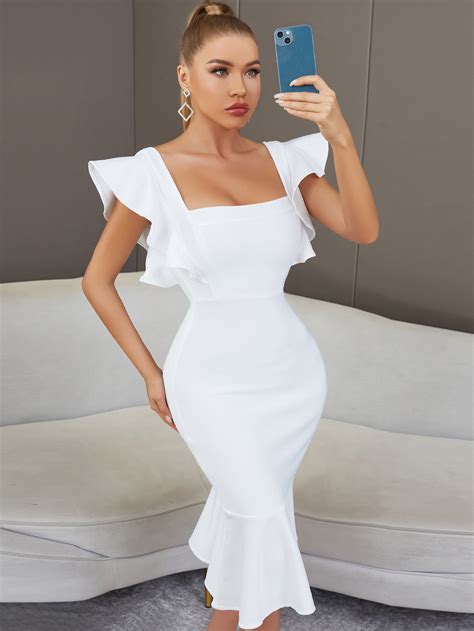 Adyce Square Neck Ruffle Trim Bandage Dress