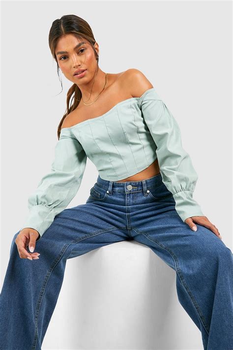 Sage Off The Shoulder Bengaline Corset Top Boohoo Uk