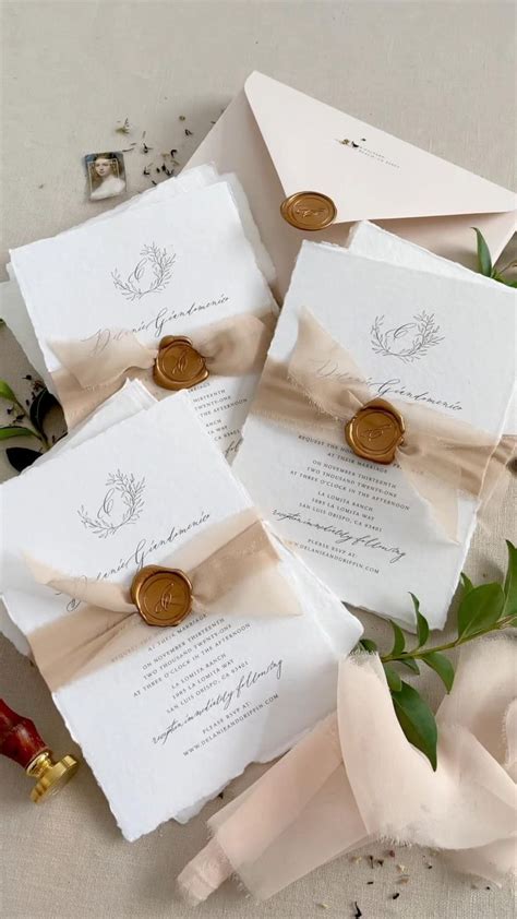 Handmade Paper Wedding Invitations Silk Ribbons And Golden Wax Seals