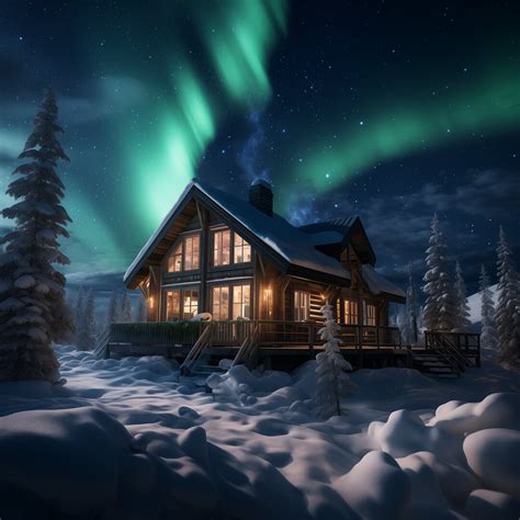 Log Cabin Under The Northern Lights Digital Art Print Square Ai