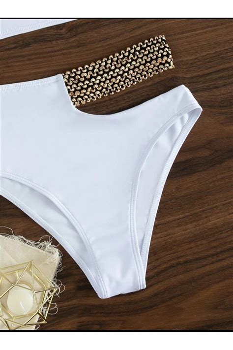 sayina Kadın Beyaz Simli Tek Omuz Kurdele Nakış Lastik Detaylı Yüksek Bel Astarlı Şık Bikini