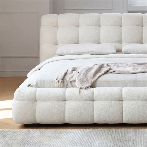 Addie white boucle minimalist modern bed frame queen size queen white ...