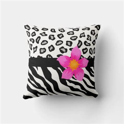 Black And White Zebra And Cheetah Skin And Pink Flower Throw Pillow Zazzle