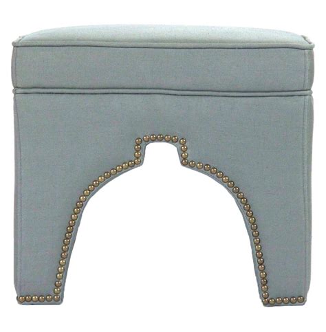 Stella Sage Green Linen Hollywood Regency Nail Head Ottoman Stool