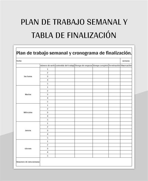 Plantilla De Formato Excel Plan De Trabajo Semanal Y Tabla De Finalización Y Hoja De Cálculo De