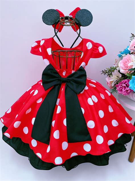 Vestido Infantil Minnie Vermelho Bolinhas C Tiara e Laço Rosa